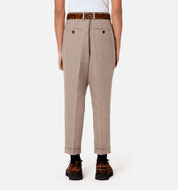 Pantalon coupe carotte à revers et pinces en laine - Beige