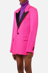 Blazer à col et bouton satinés en laine - Fuchsia