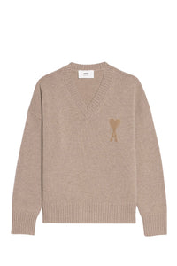 Pull Ami de Cœur à col V aiguilleté en laine - Beige