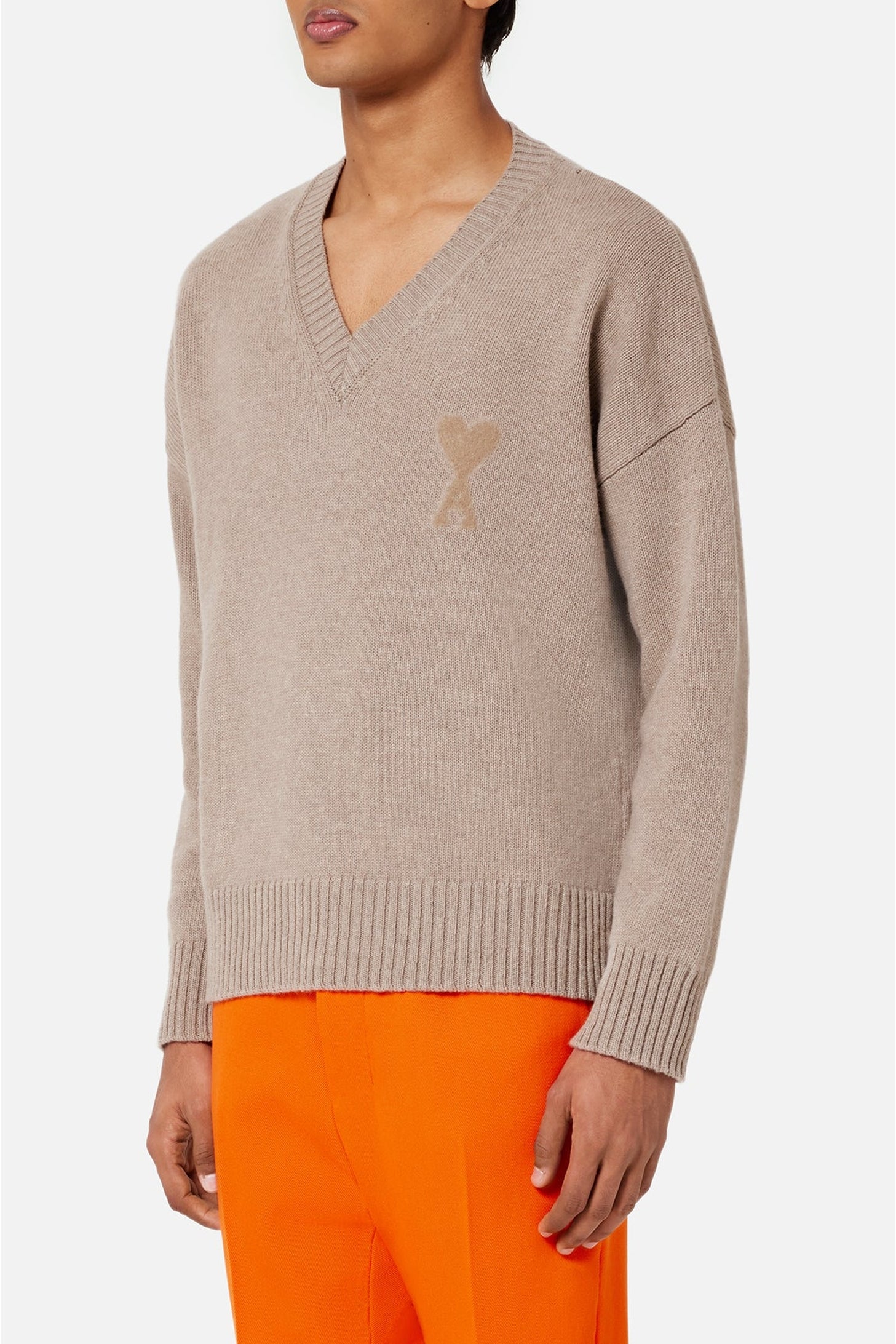 Pull Ami de Cœur à col V aiguilleté en laine - Beige