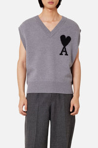 Pull Iconique ADC sans manches à col V en laine - Grey & Black