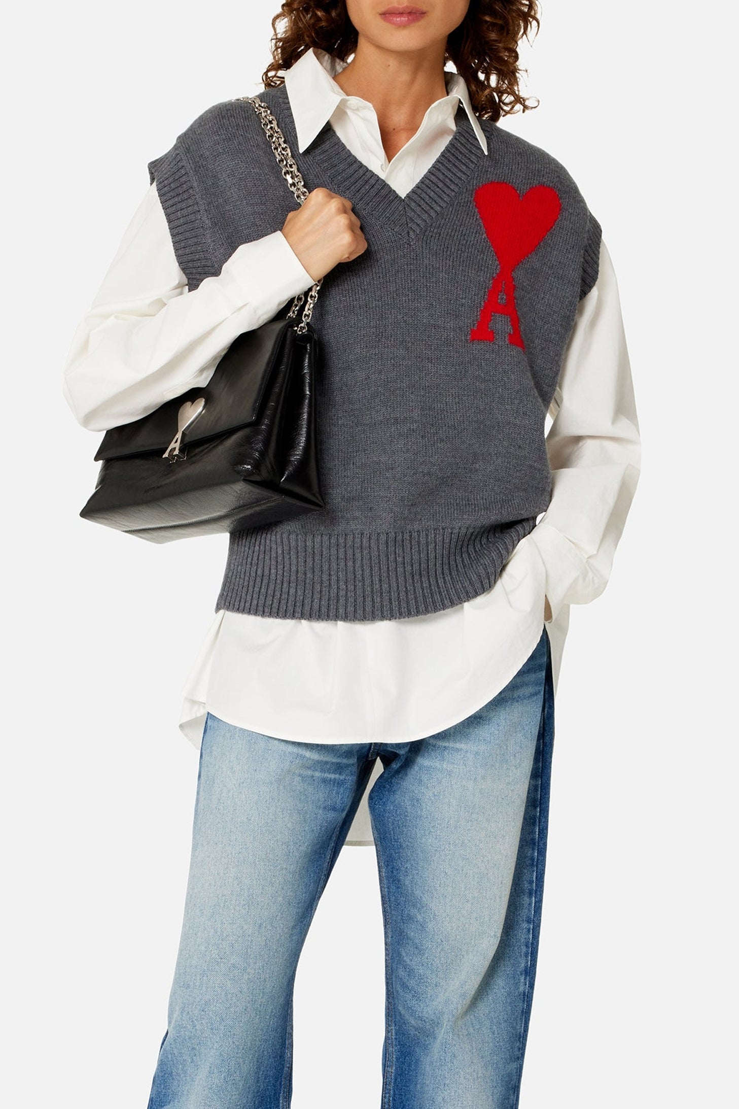Pull Iconique ADC sans manches à col V en laine - Heather Grey & Red