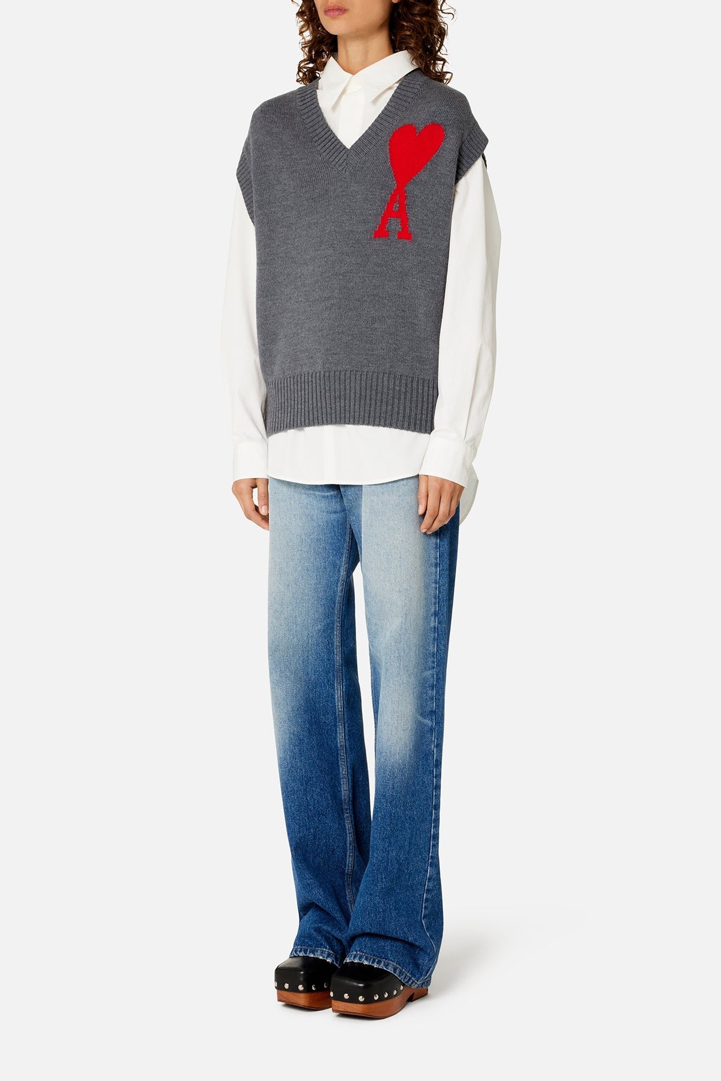 Pull Iconique ADC sans manches à col V en laine - Heather Grey & Red