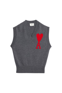 Pull Iconique ADC sans manches à col V en laine - Heather Grey & Red