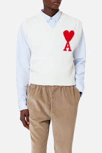 Pull Iconique ADC sans manches à col V en laine - Off White & Red