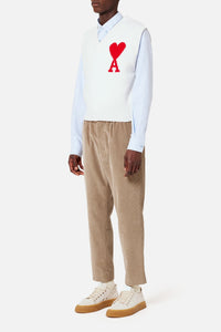 Pull Iconique ADC sans manches à col V en laine - Off White & Red
