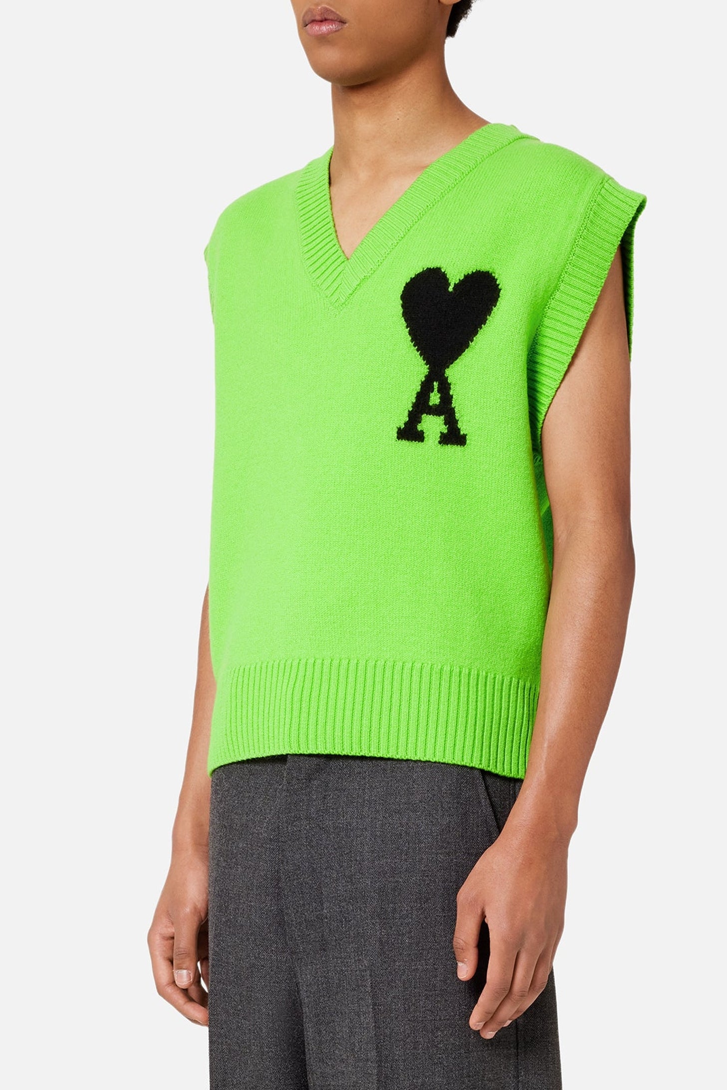 Pull Iconique ADC sans manches à col V en laine - Neon Green & Black