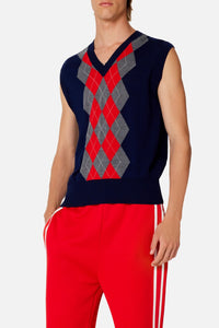 Pull sans manches à motif argyle en laine - Navy & Heather Grey & Red