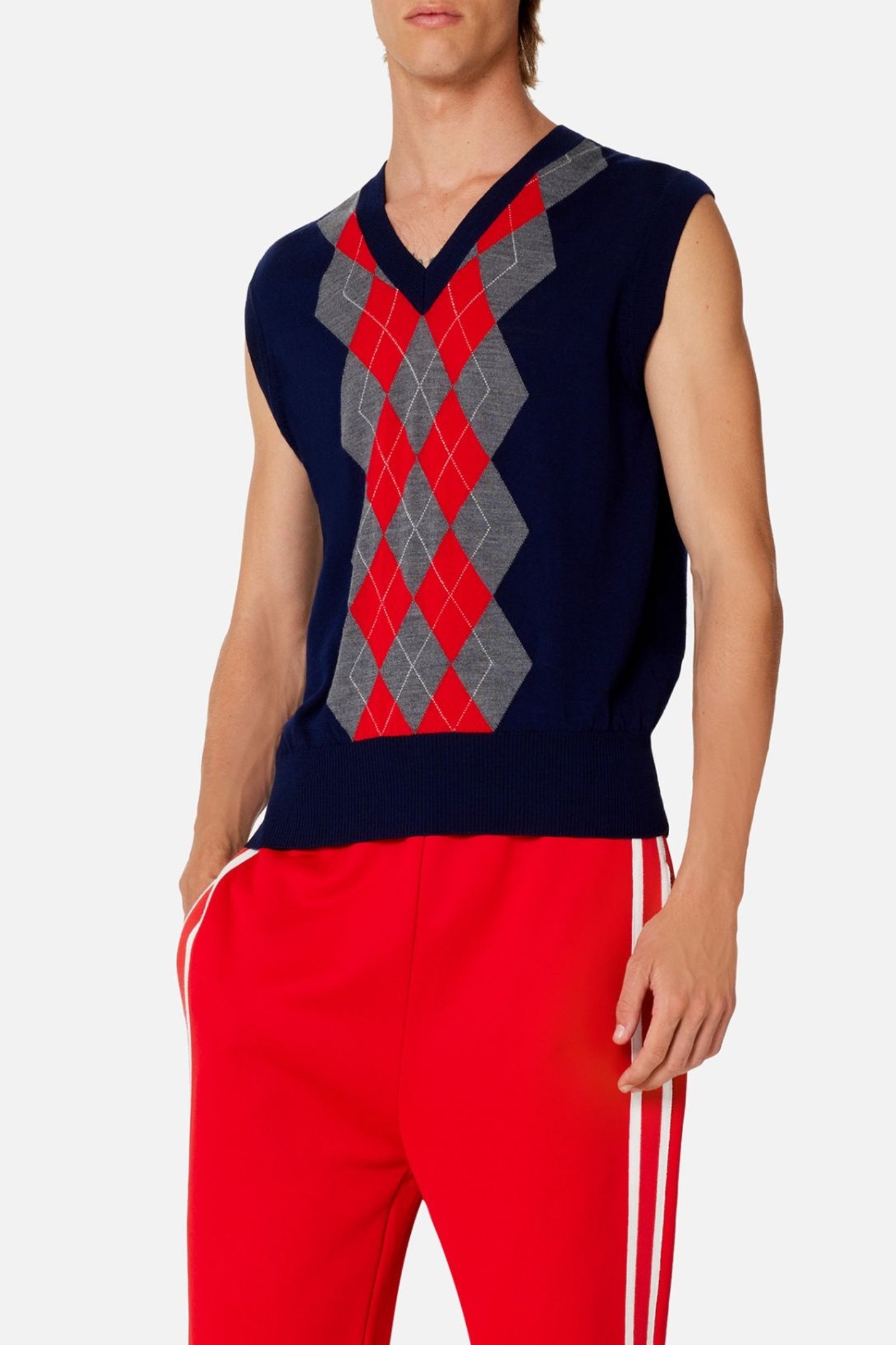 Pull sans manches à motif argyle en laine - Navy & Heather Grey & Red