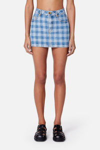 Jupe courte à motif vichy en denim - Bleached Blue