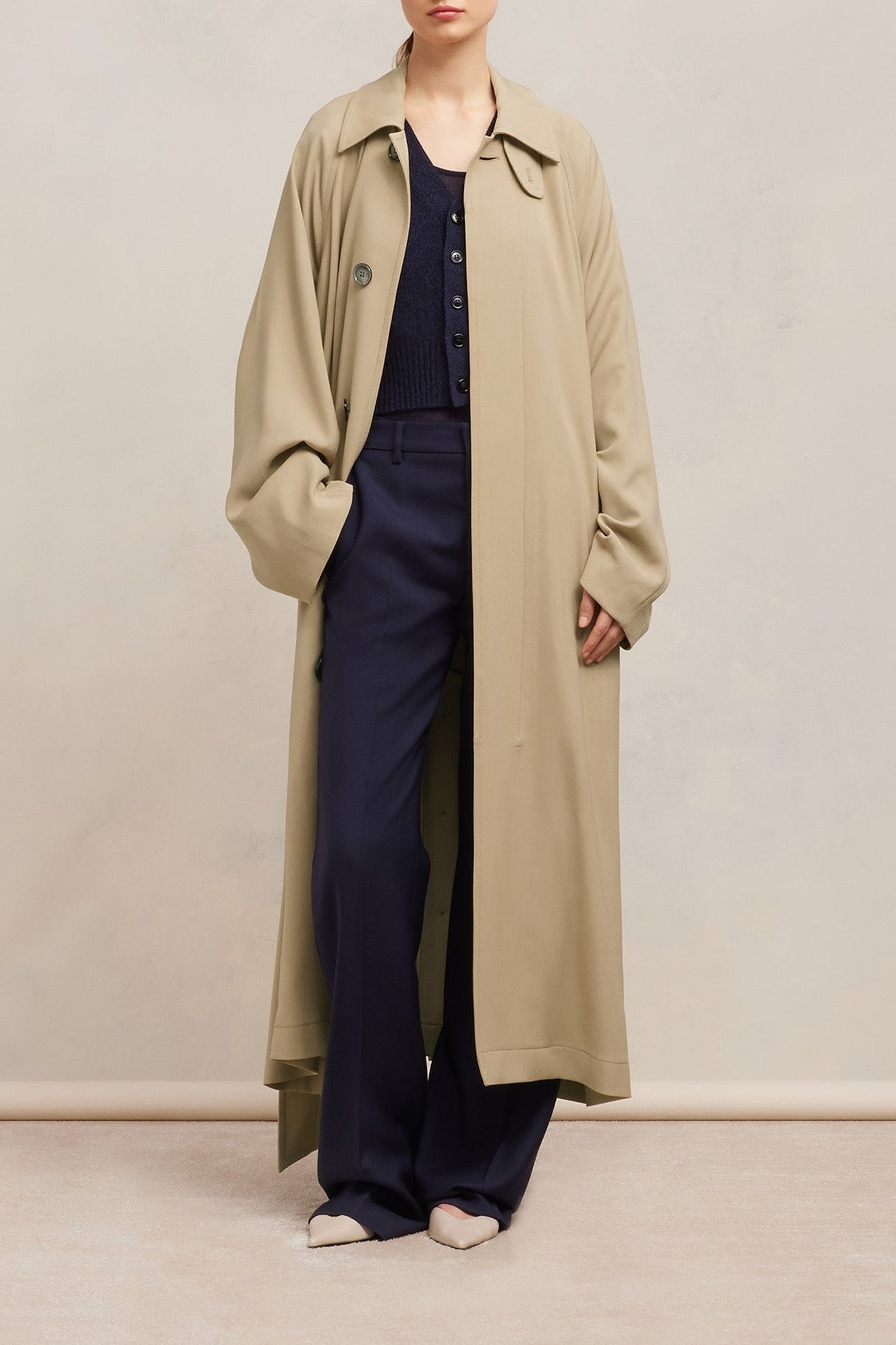 Manteau long ceinturé en laine mélangée - Champagne