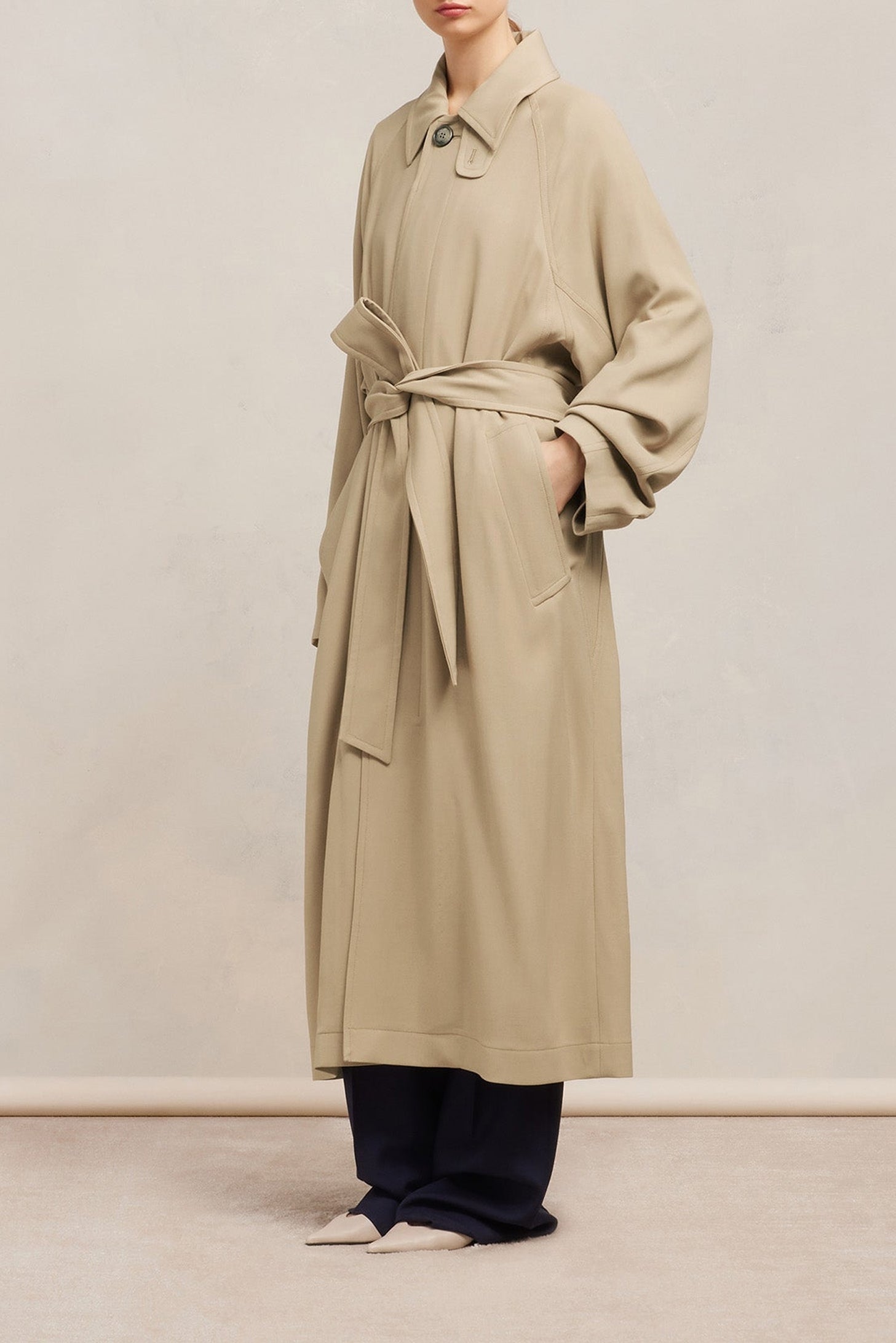 Manteau long ceinturé en laine mélangée - Champagne