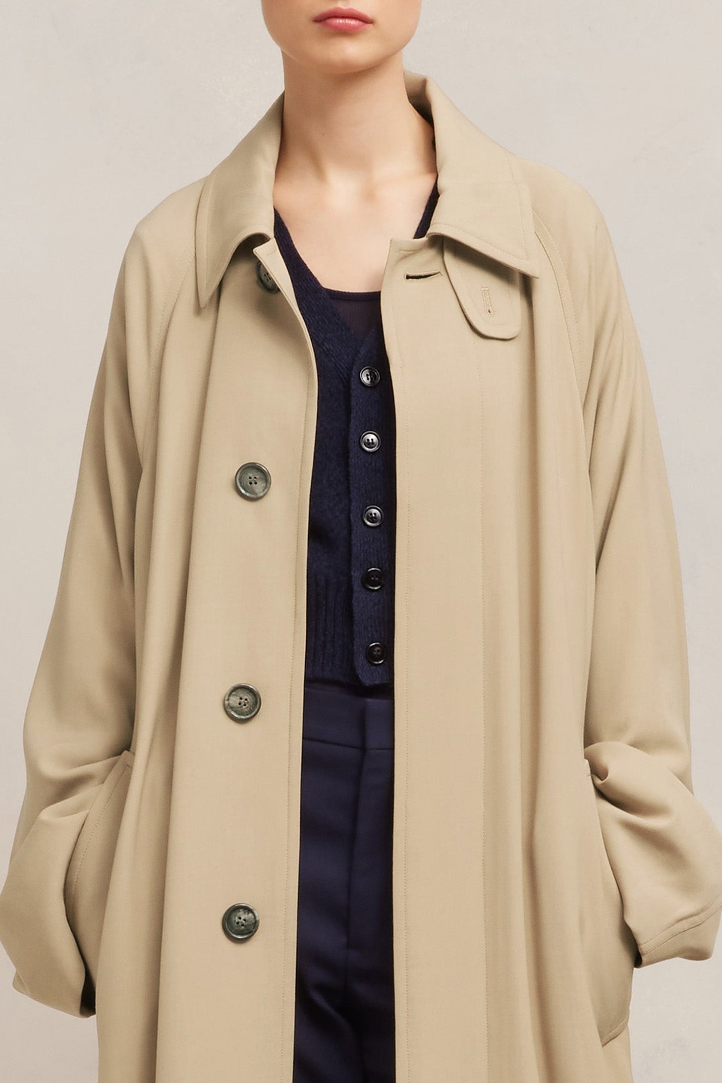 Manteau long ceinturé en laine mélangée - Champagne