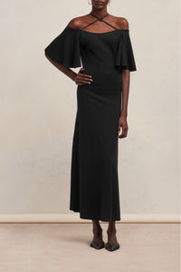 Robe longue à épaules denudées en laine mélangée - Black
