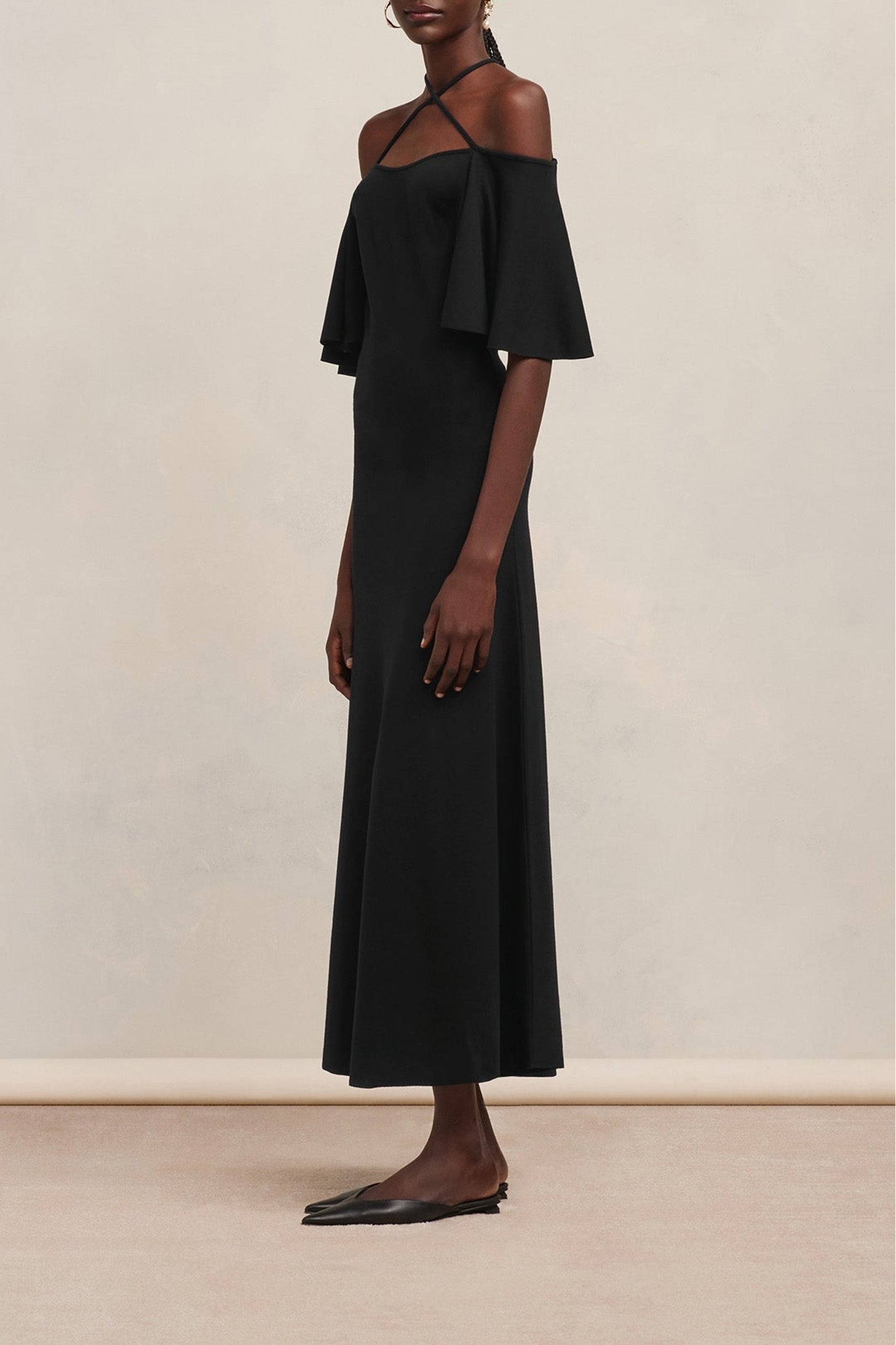 Robe longue à épaules denudées en laine mélangée - Black