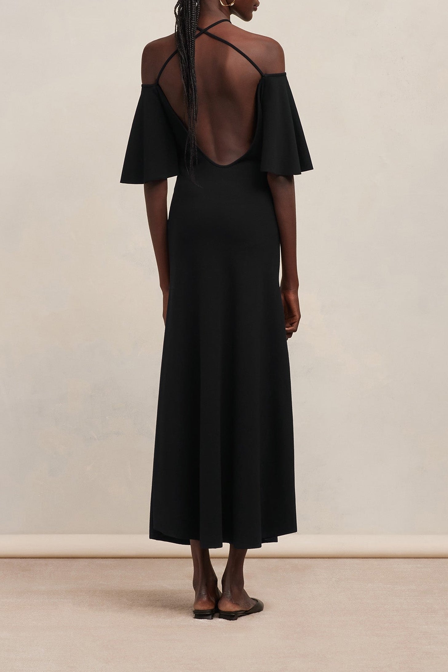 Robe longue à épaules denudées en laine mélangée - Black