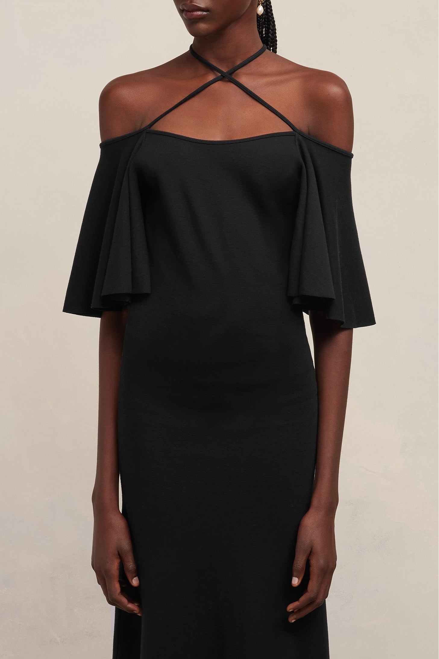 Robe longue à épaules denudées en laine mélangée - Black
