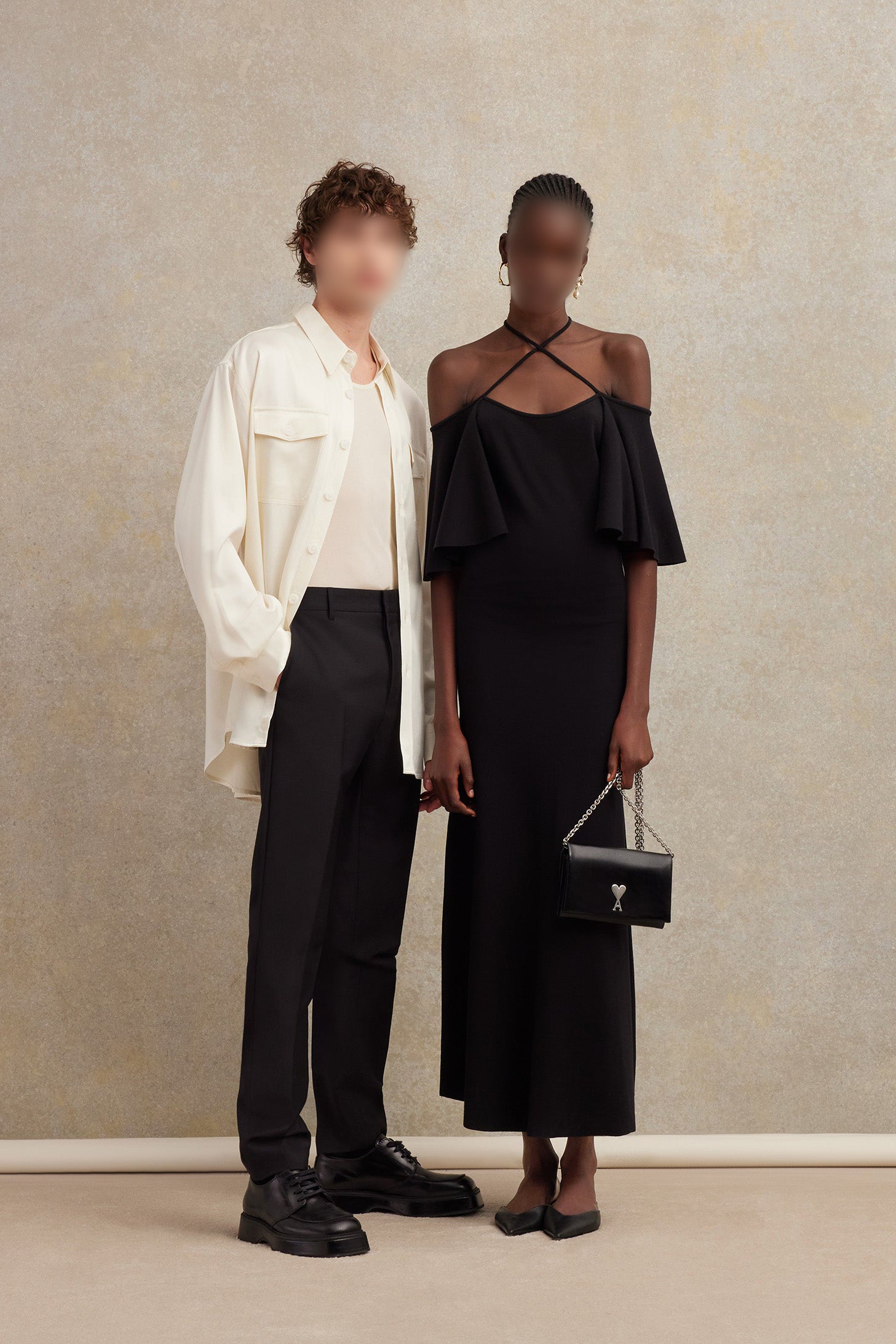 Robe longue à épaules denudées en laine mélangée - Black