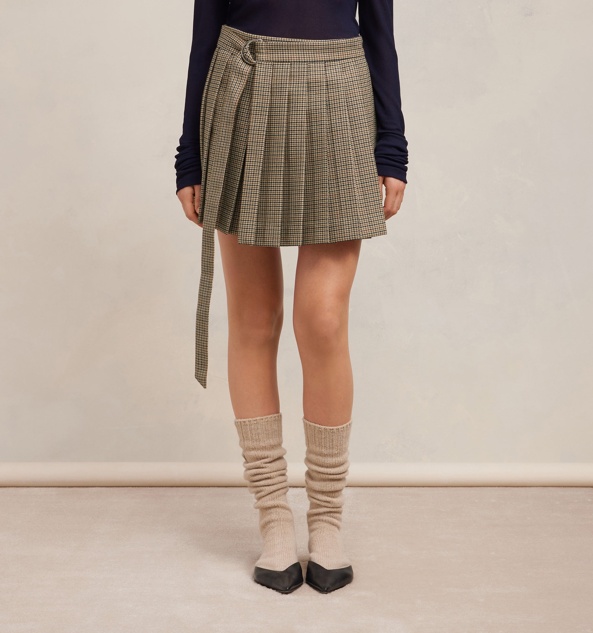 Kilt wrap short skirt in wool - Champagne & Black