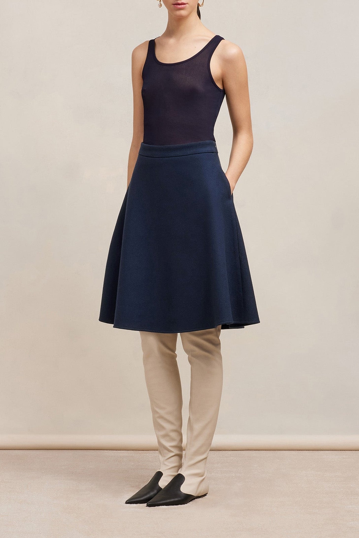 Jupe midi evasée en laine - Night Blue
