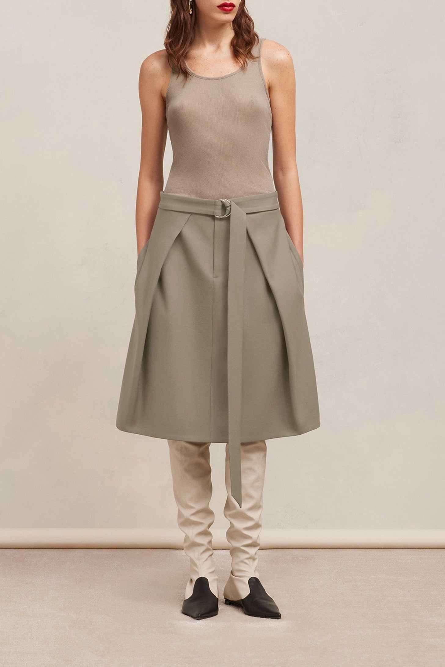 Jupe midi à pans en laine - Taupe