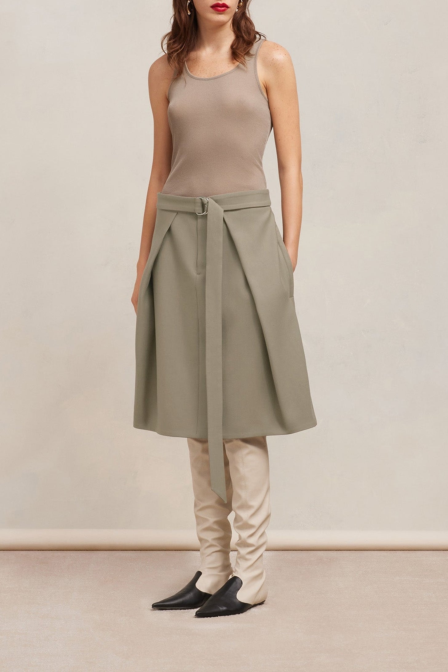 Jupe midi à pans en laine - Taupe