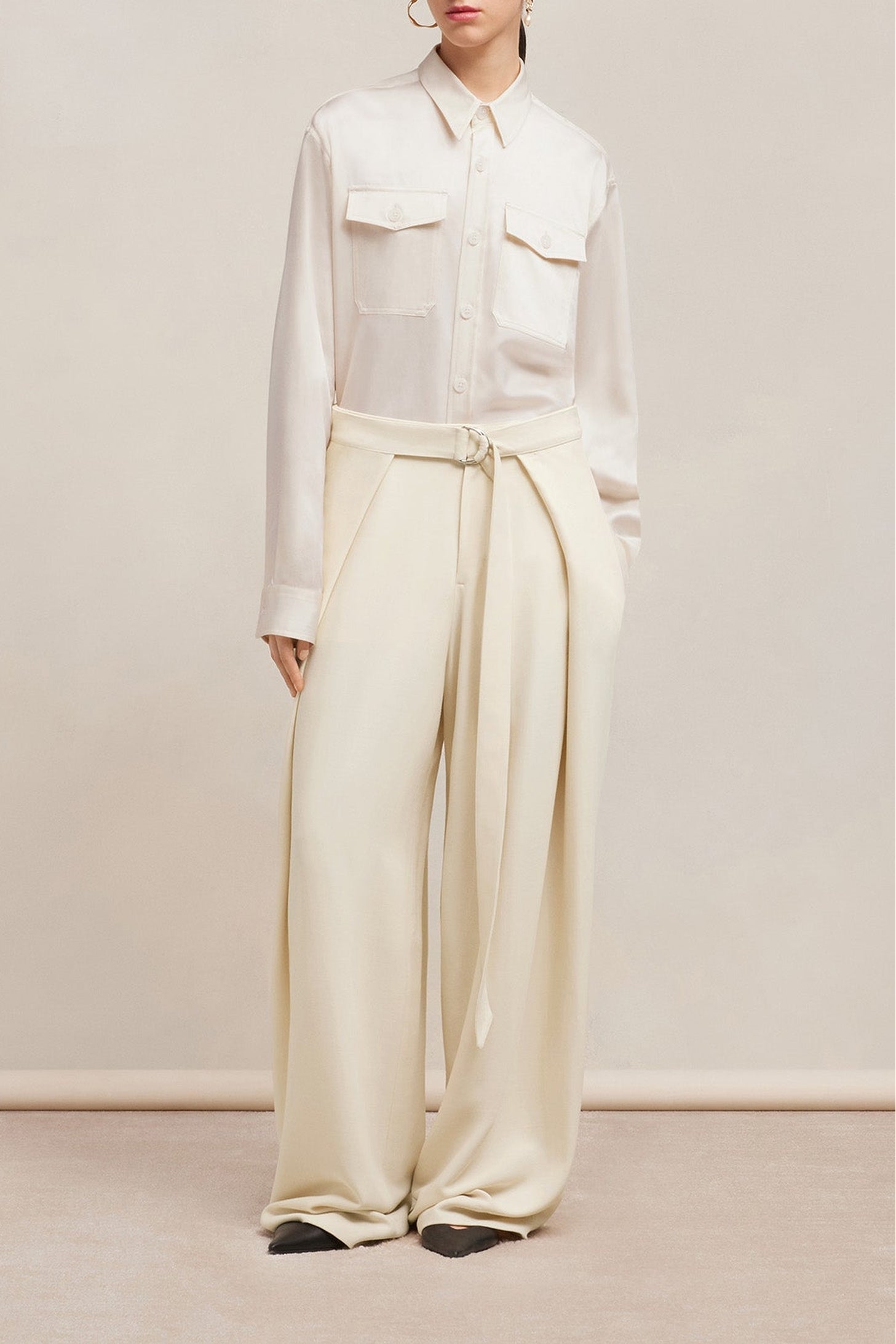 Pantalon large à pans en laine mélangée - Ivory