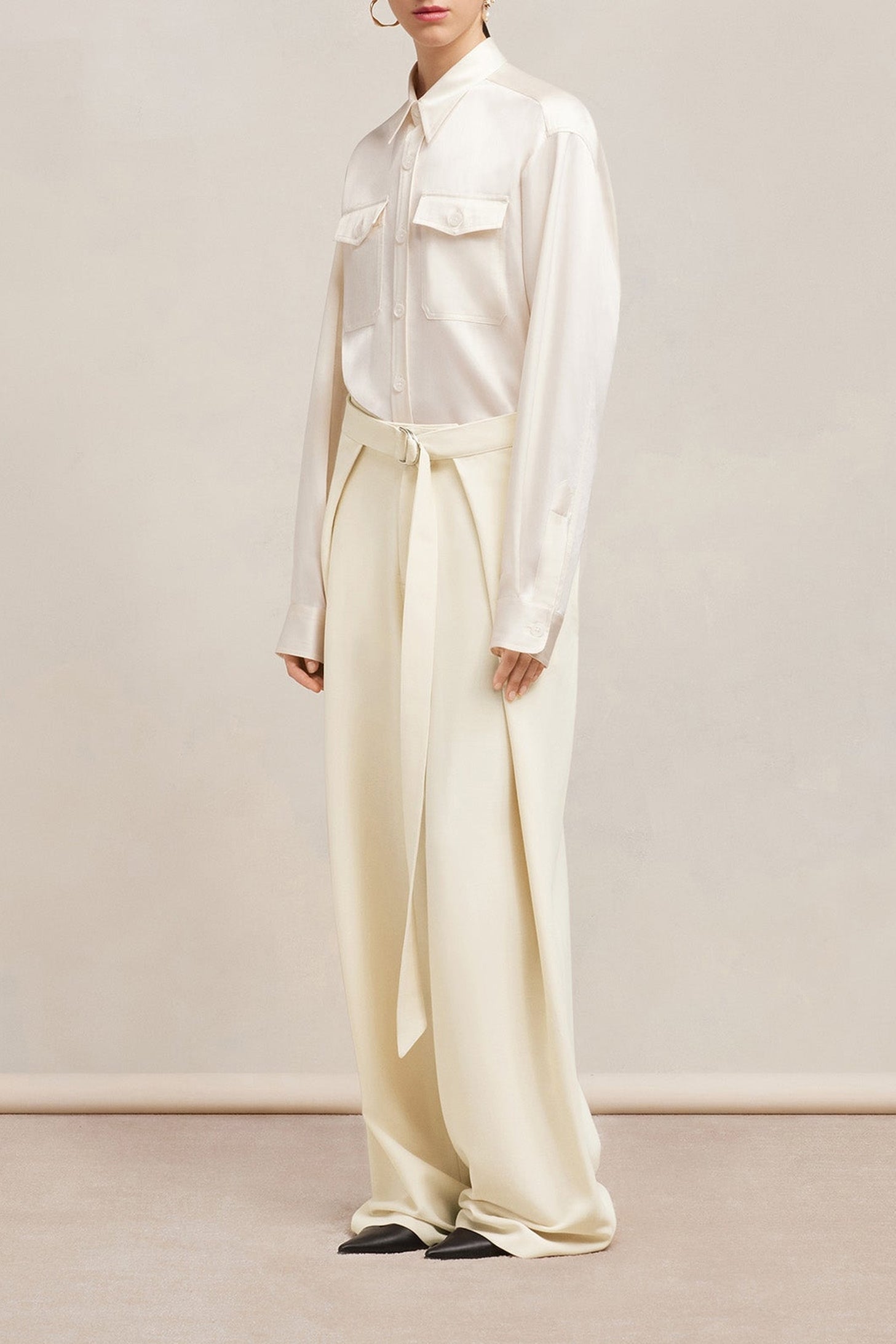 Pantalon large à pans en laine mélangée - Ivory