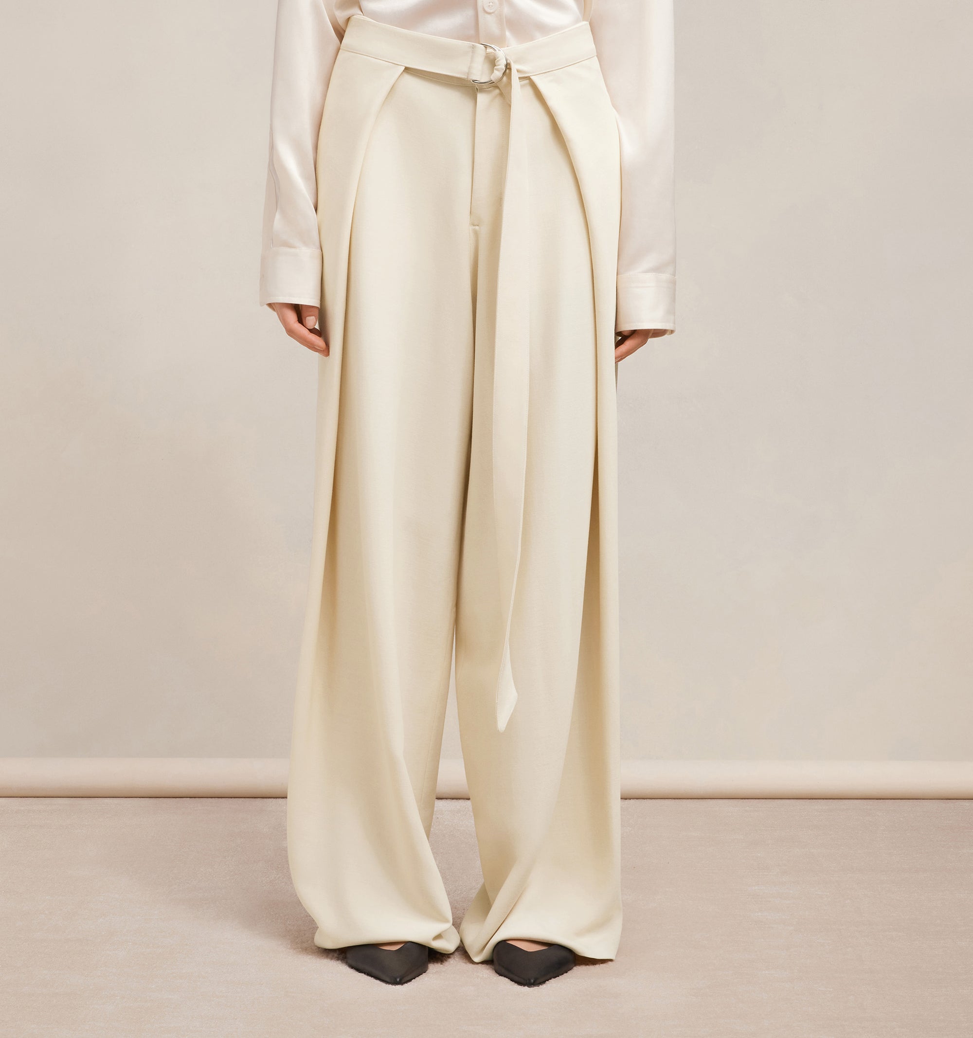 Pantalon large à pans en laine mélangée - Ivory