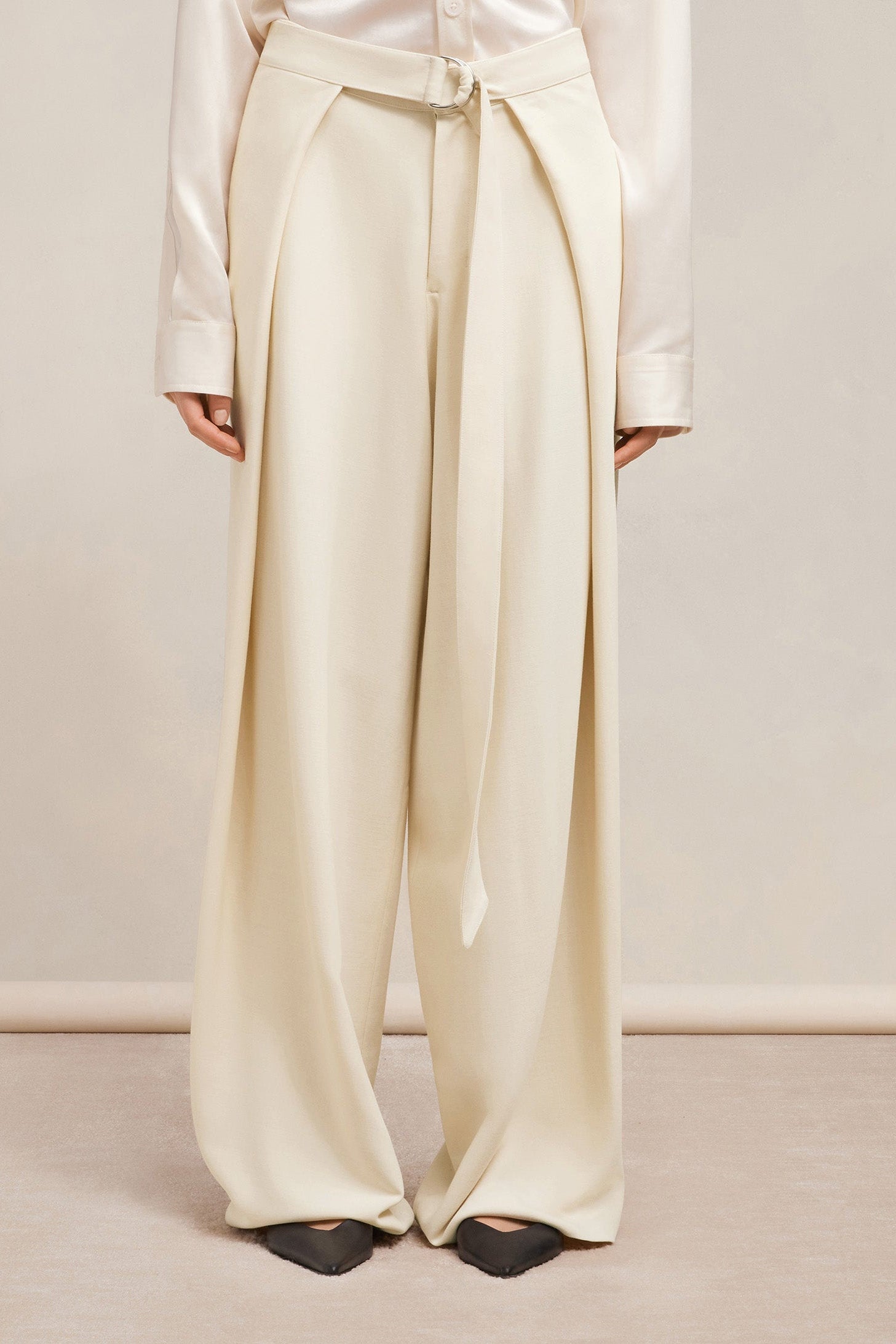 Pantalon large à pans en laine mélangée - Ivory