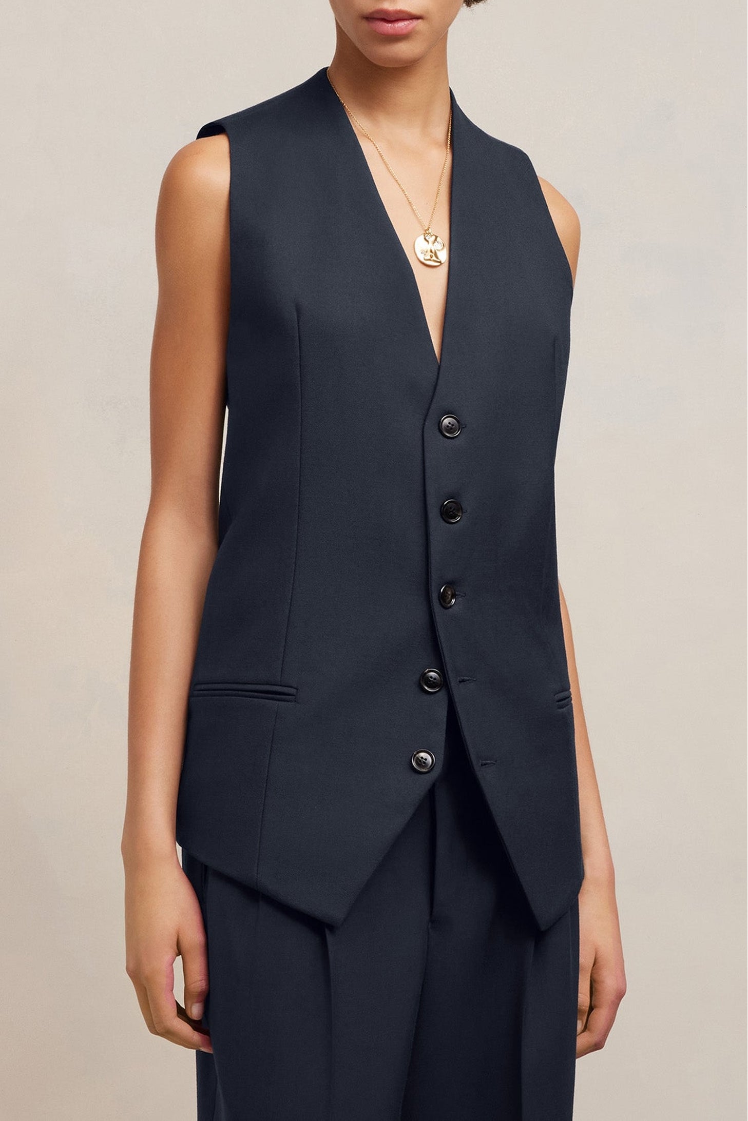 Gilet à poches passepoilées en laine - Night Blue