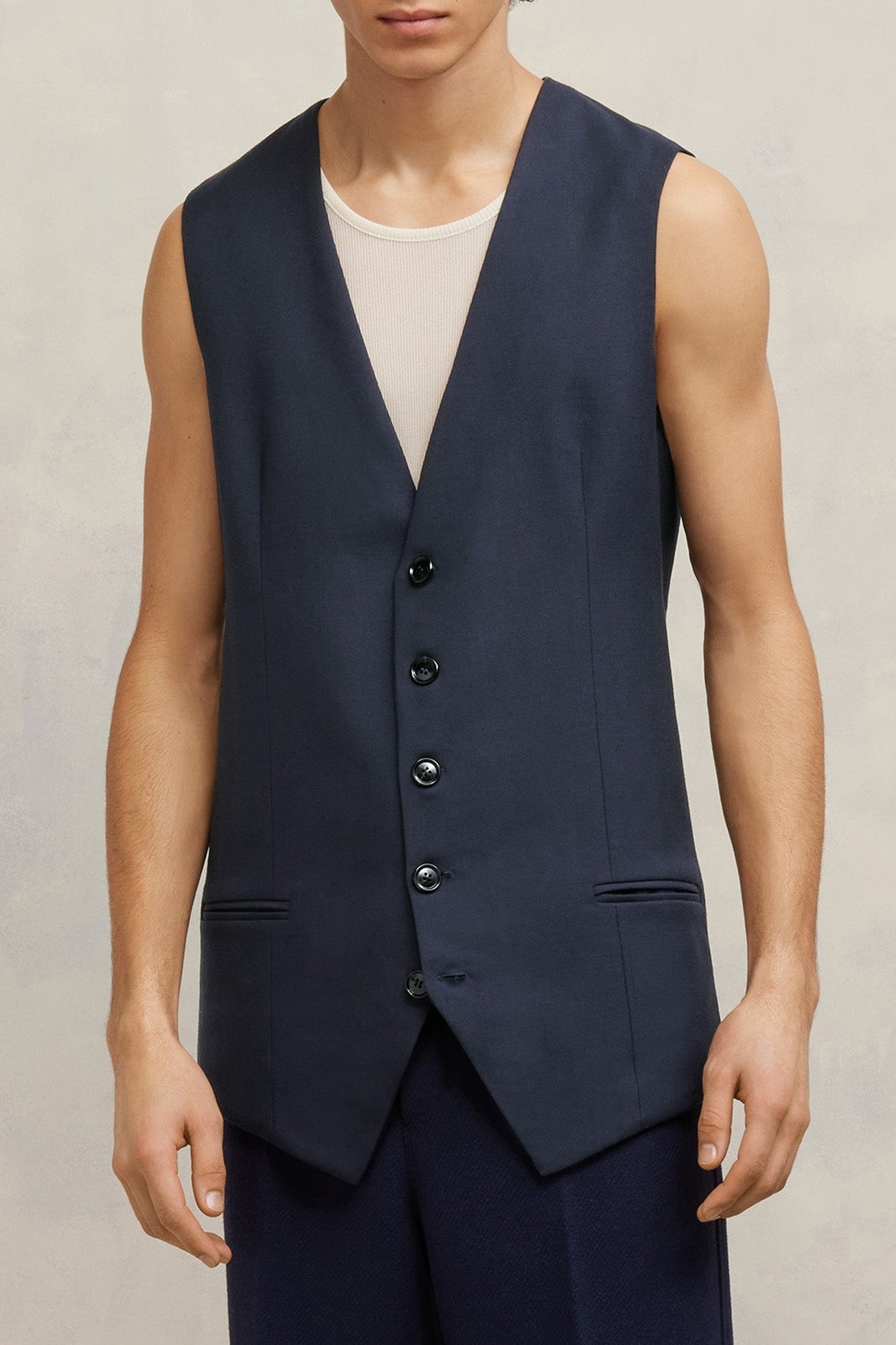 Gilet à poches passepoilées en laine - Night Blue