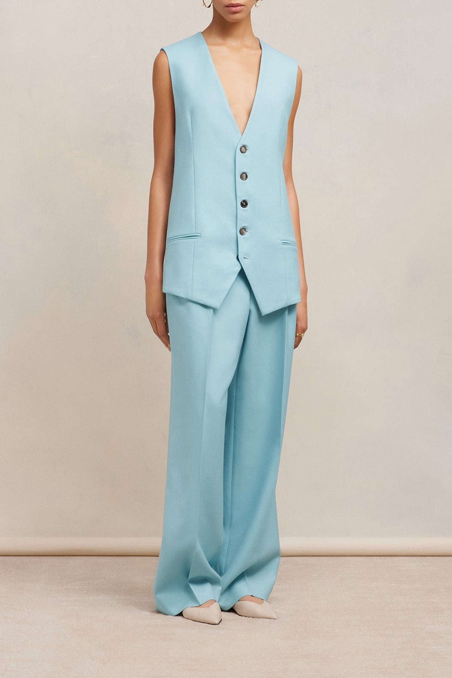 Gilet à poches passepoilées en laine - Aquamarine