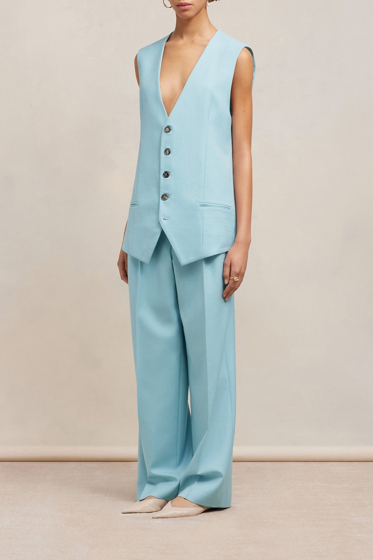 Gilet à poches passepoilées en laine - Aquamarine
