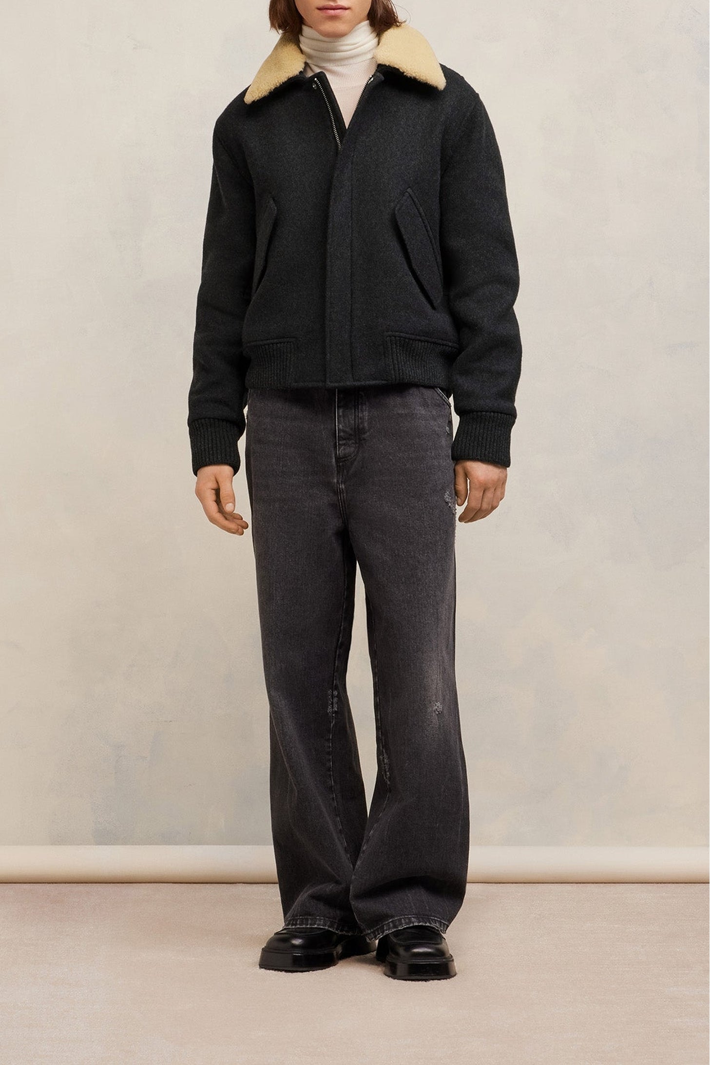 Bomber à col fourré amovible en laine - Heather Grey
