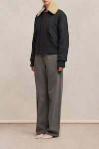 Bomber à col fourré amovible en laine - Heather Grey