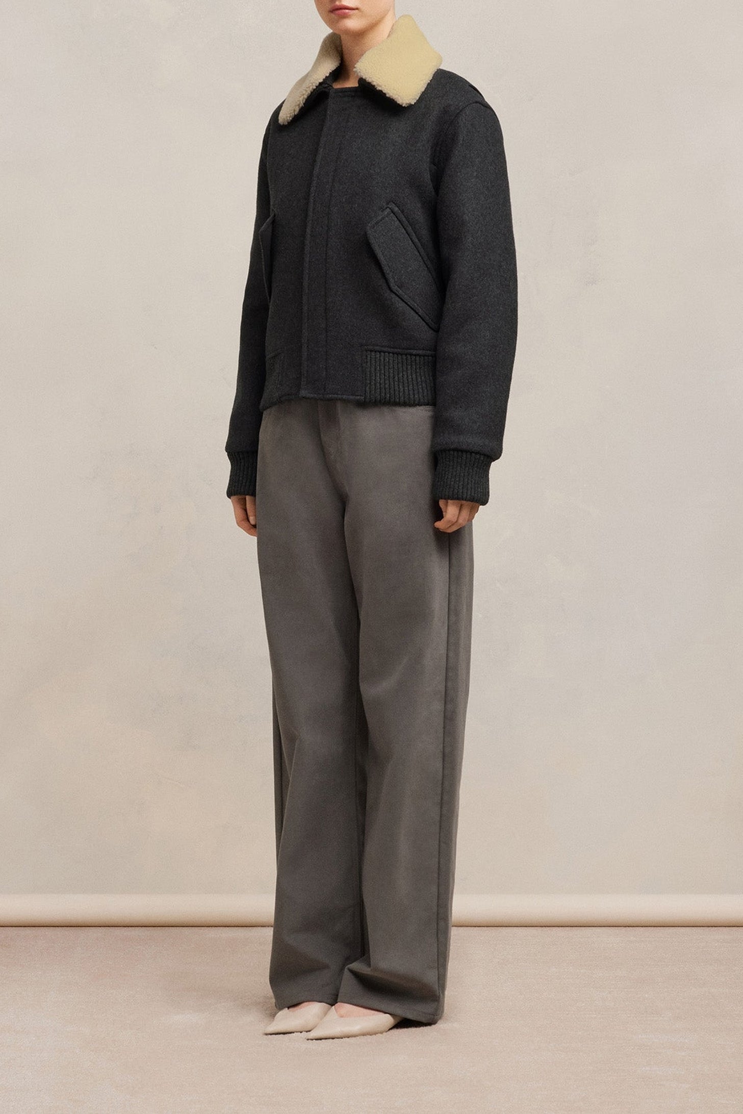 Bomber à col fourré amovible en laine - Heather Grey