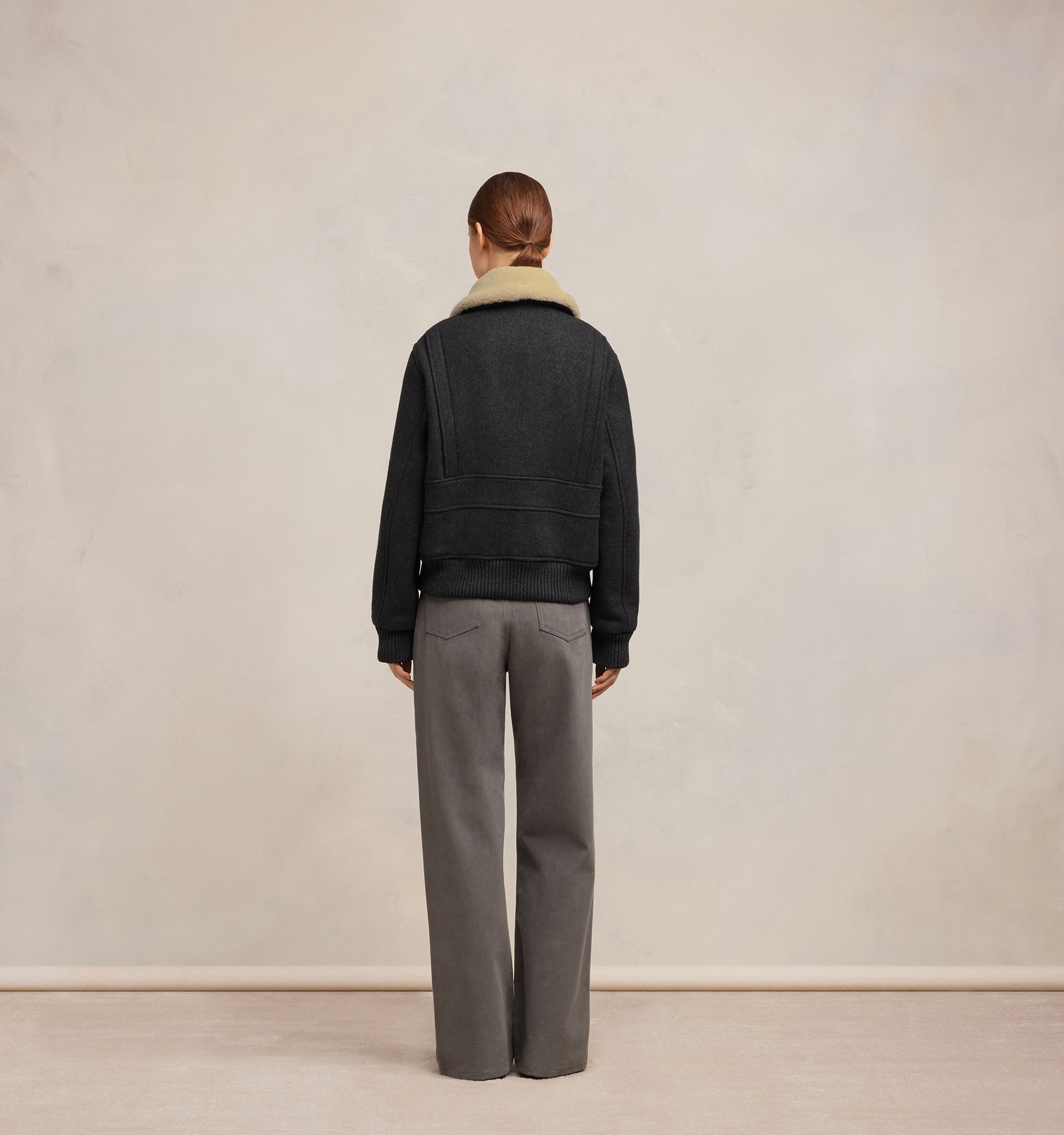 Bomber à col fourré amovible en laine - Heather Grey