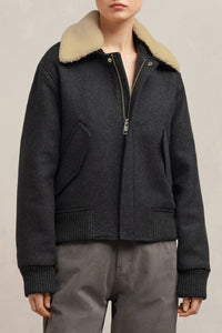 Bomber à col fourré amovible en laine - Heather Grey