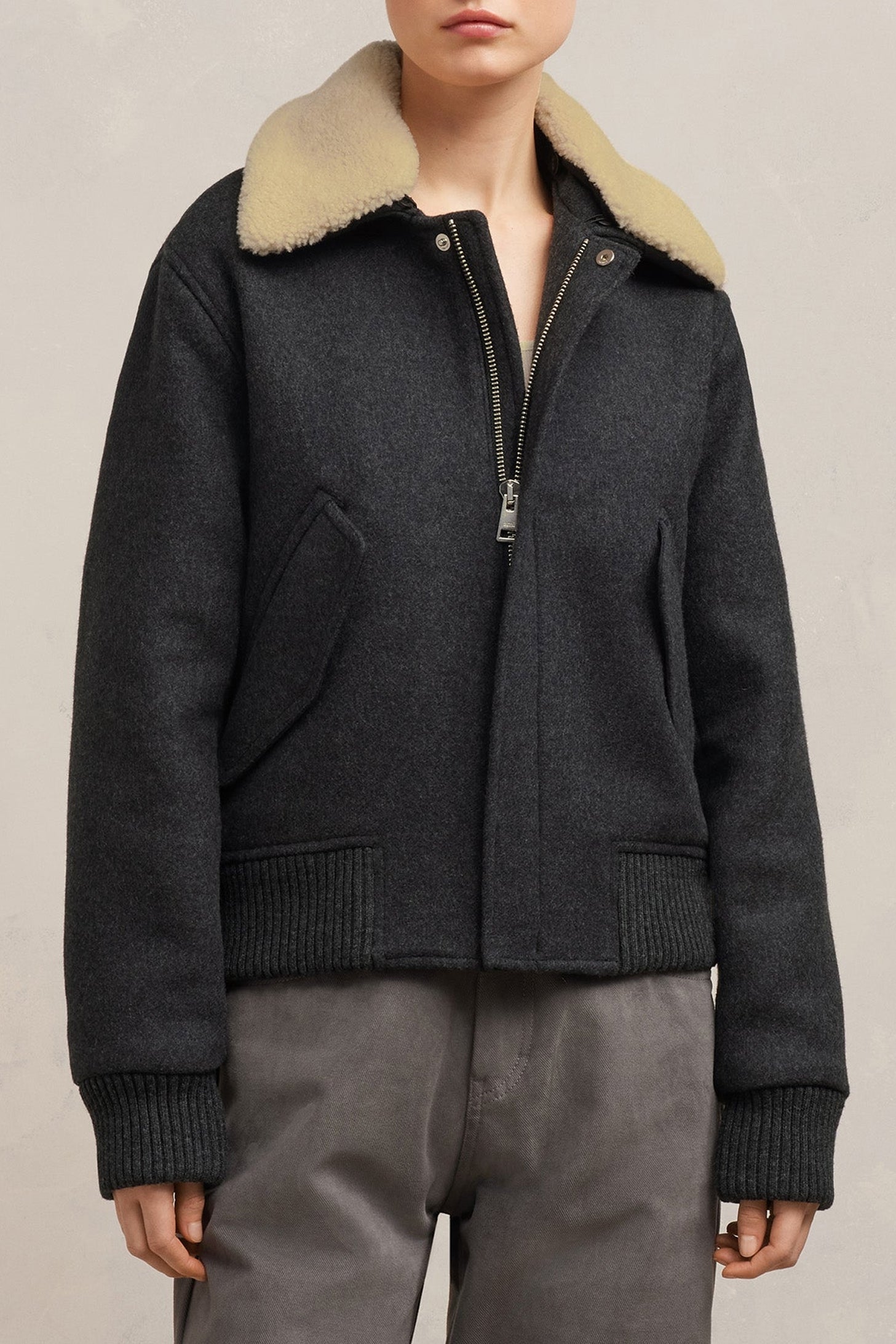 Bomber à col fourré amovible en laine - Heather Grey