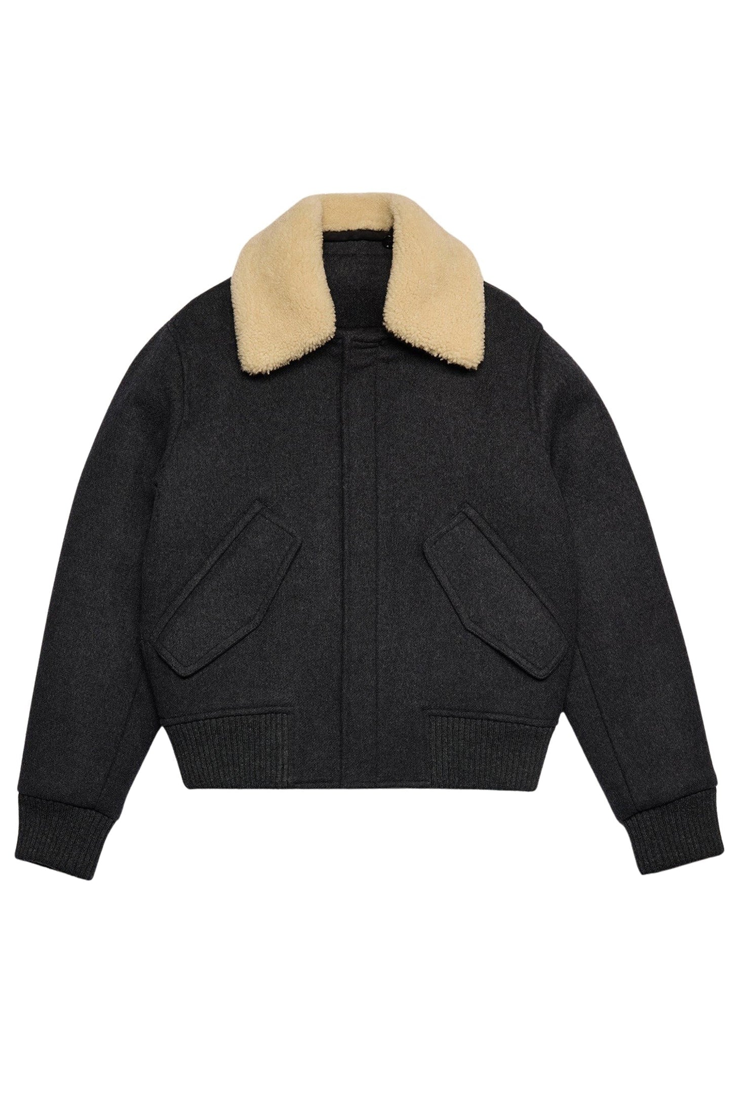 Bomber à col fourré amovible en laine - Heather Grey