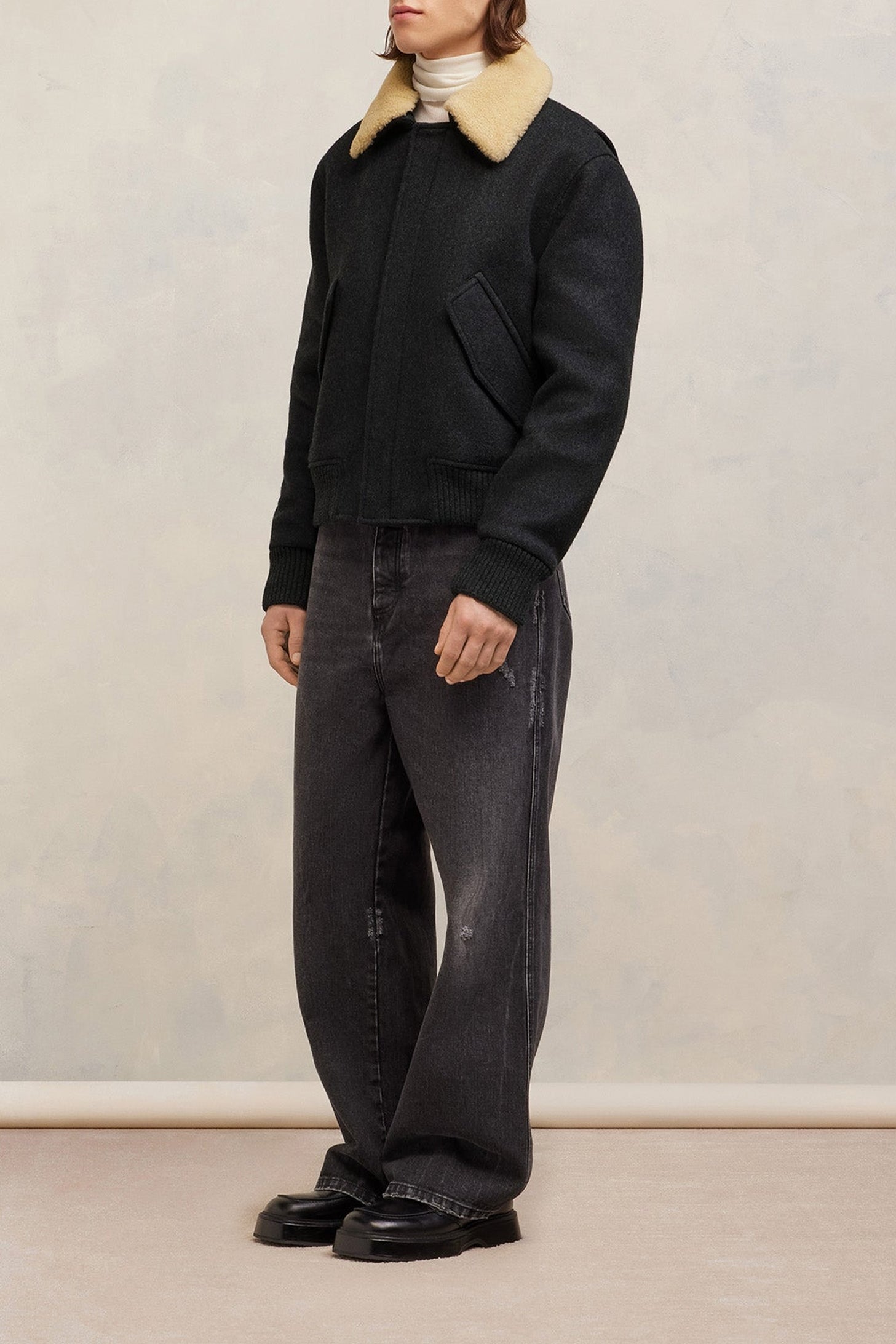Bomber à col fourré amovible en laine - Heather Grey