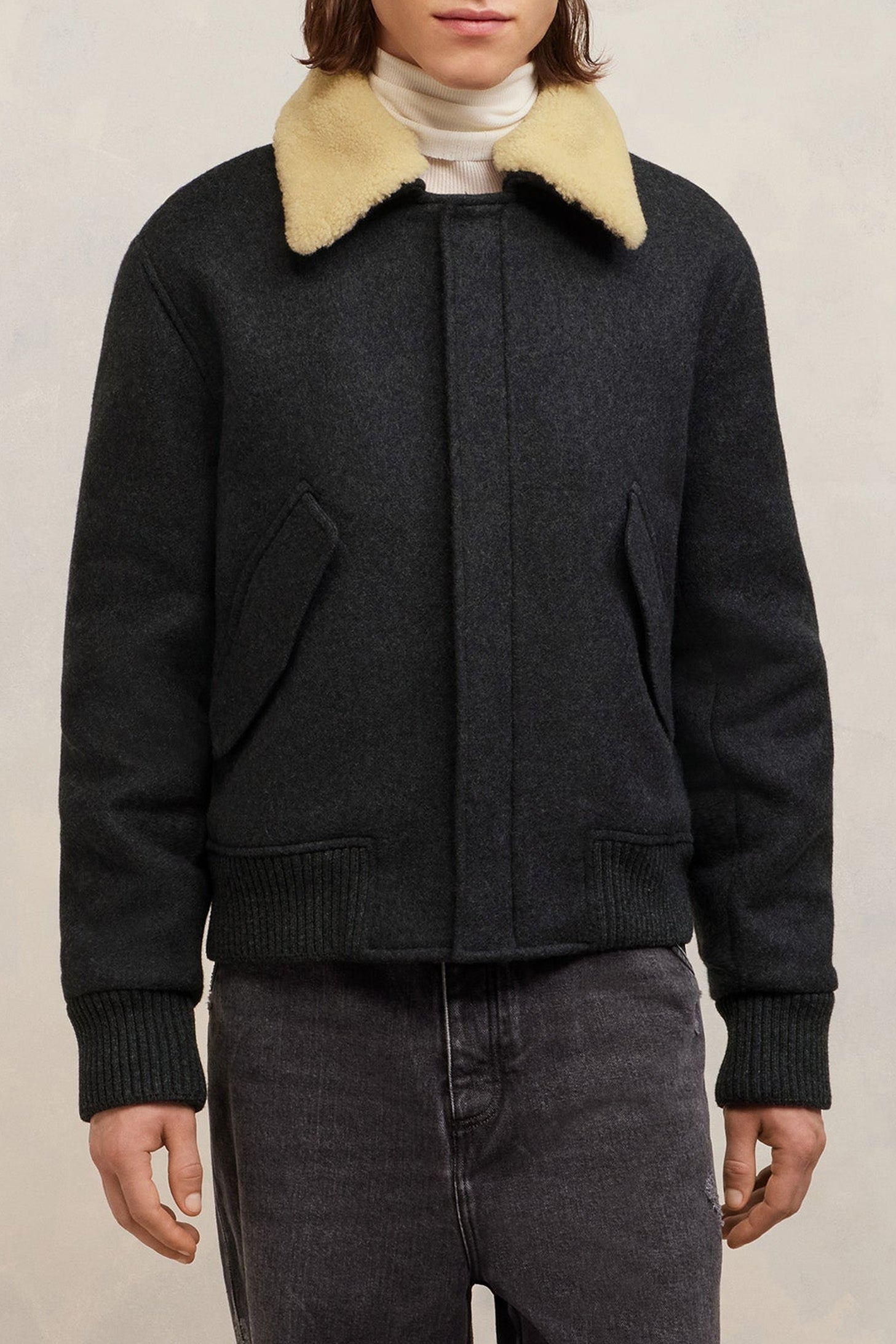Bomber à col fourré amovible en laine - Heather Grey