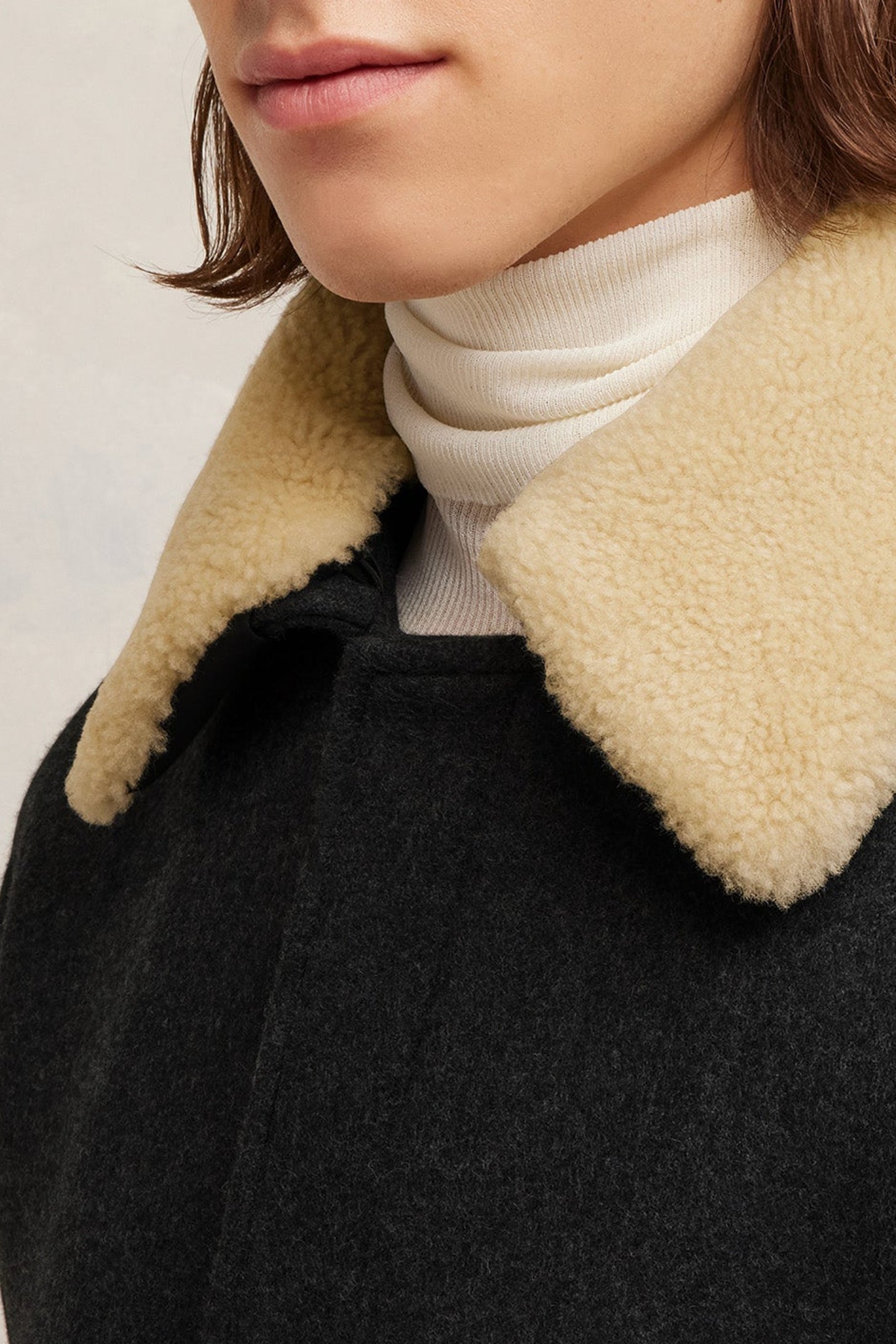Bomber à col fourré amovible en laine - Heather Grey