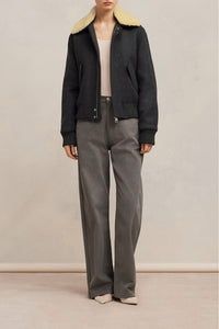 Bomber à col fourré amovible en laine - Heather Grey
