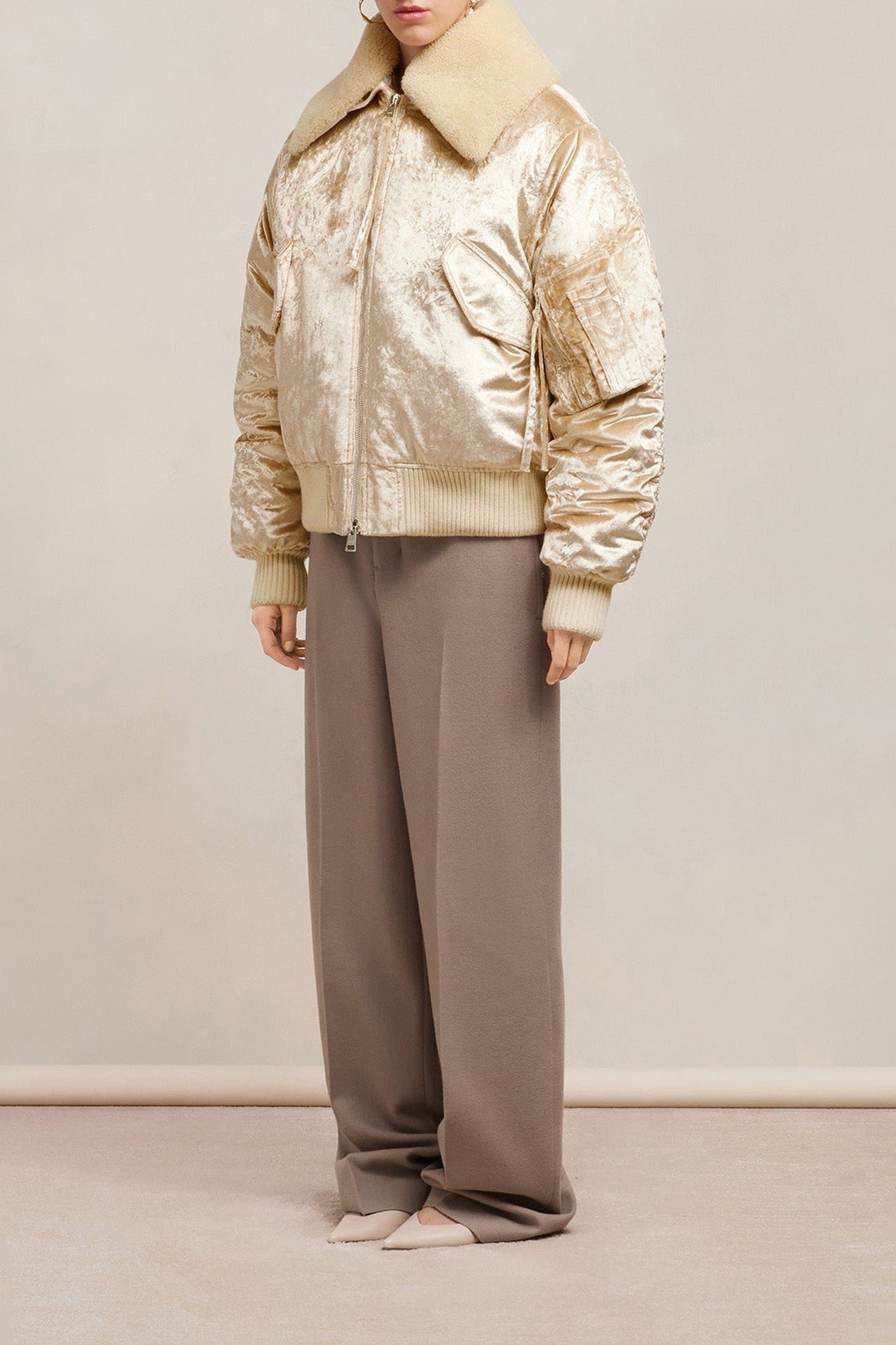 Bomber à col fourré amovible en velours - Champagne