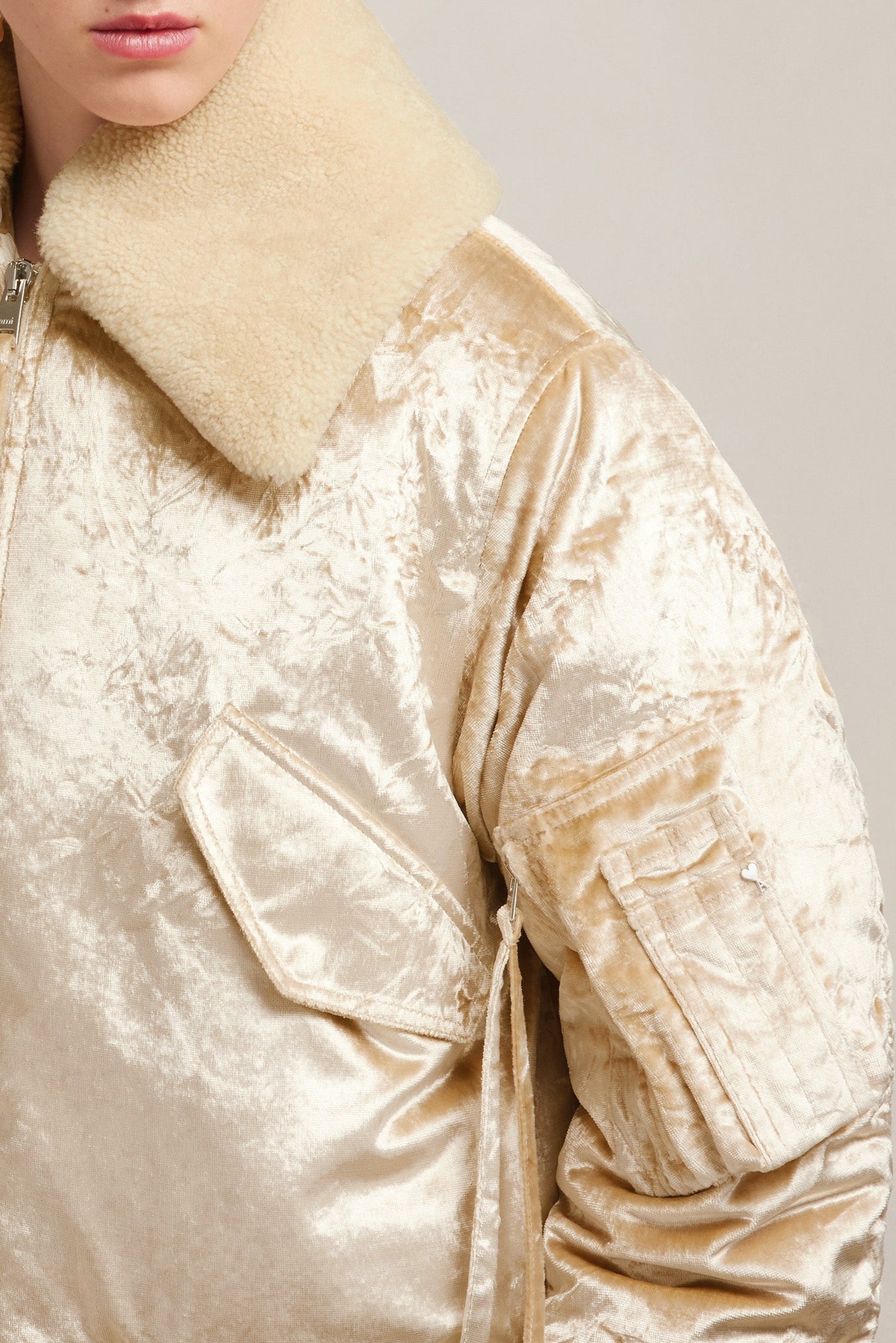 Bomber à col fourré amovible en velours - Champagne