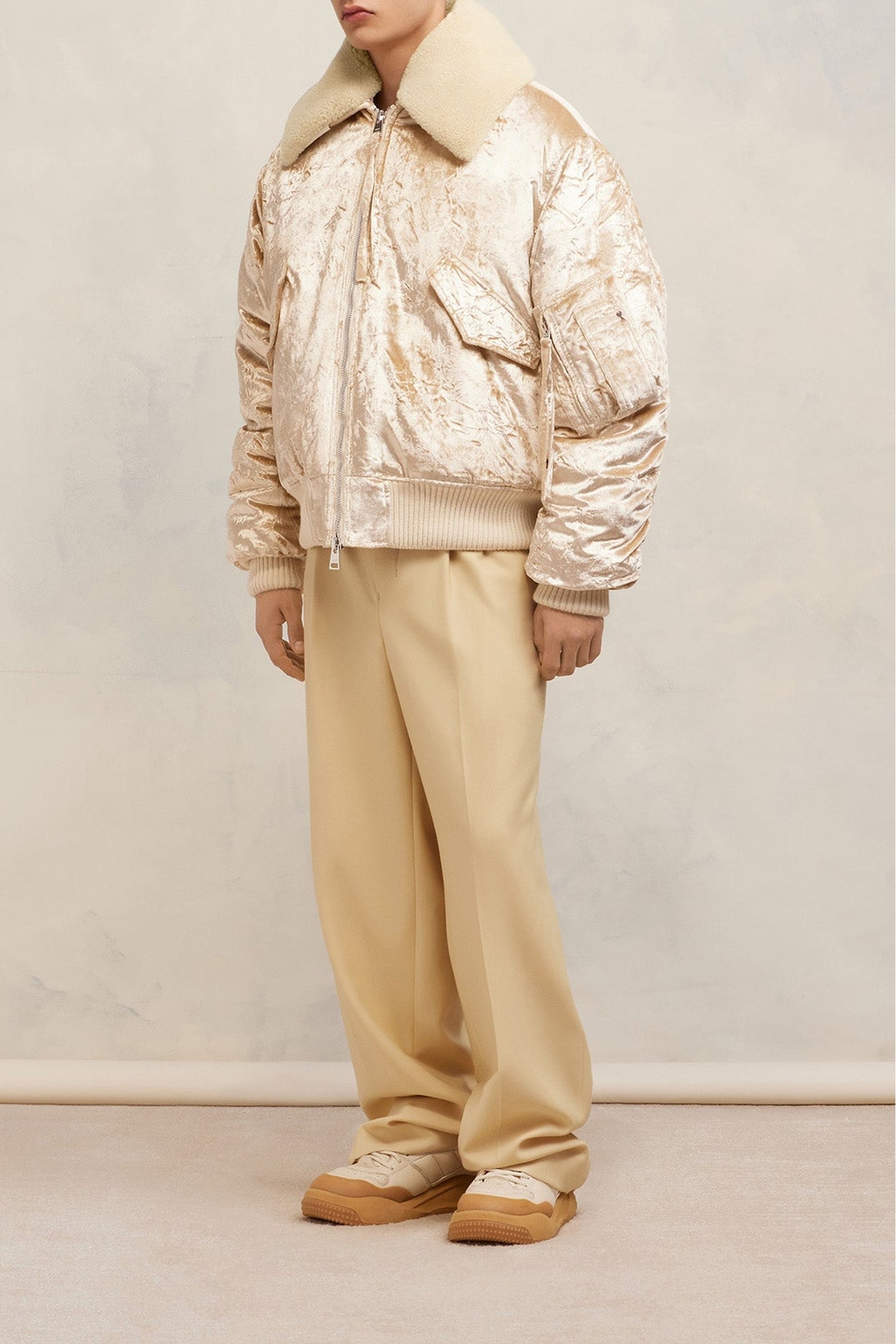 Bomber à col fourré amovible en velours - Champagne