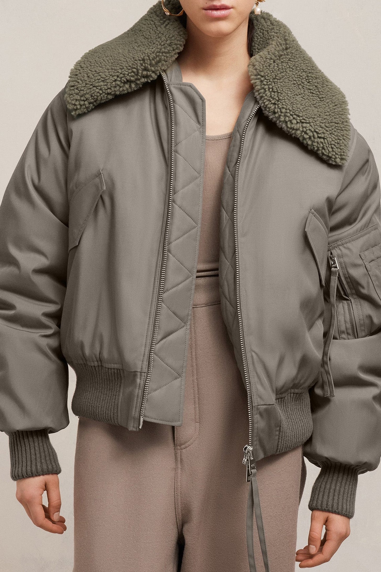 Bomber à col fourré amovible - Taupe