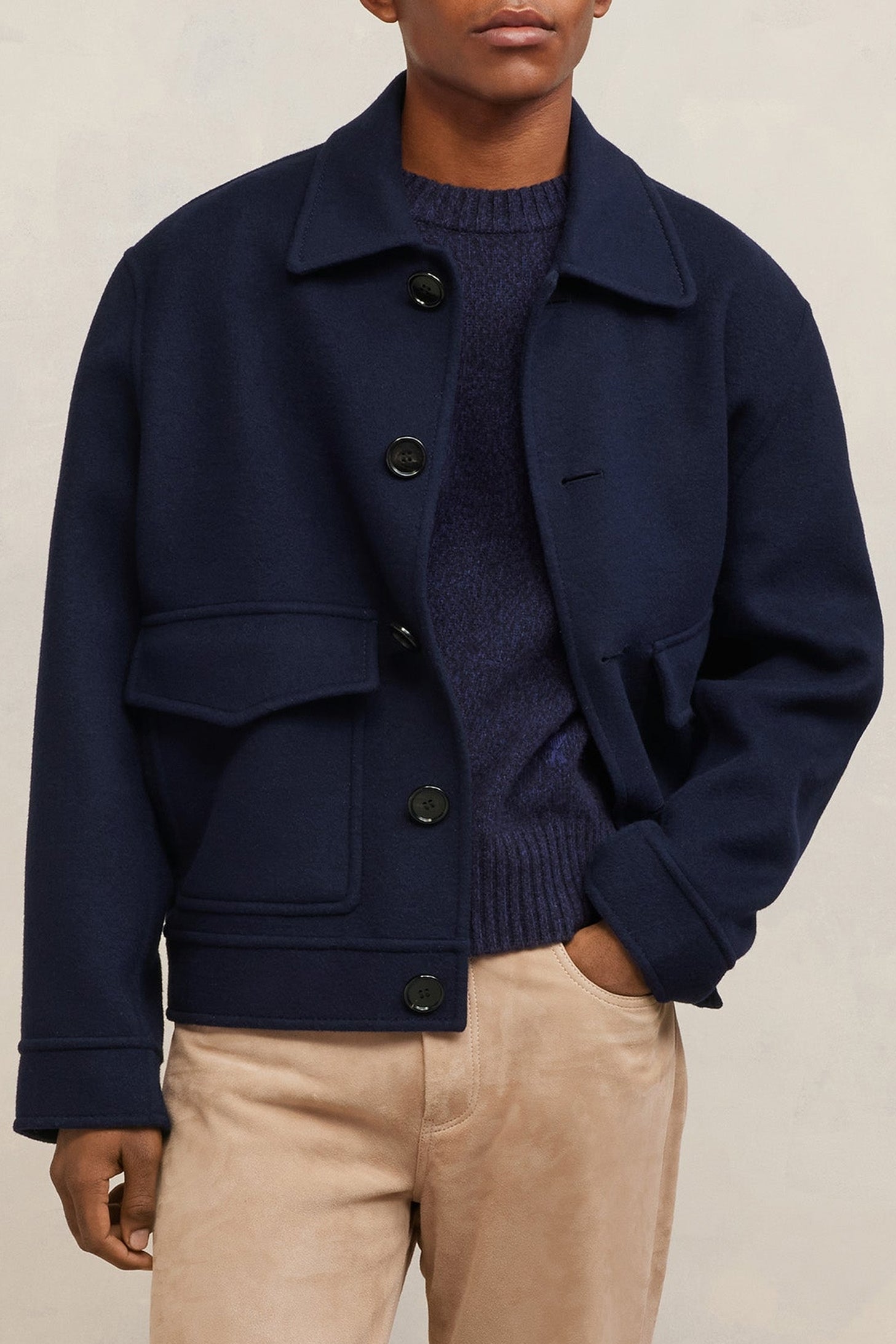 Veste boutonnée à poches en laine et cachemire - Night Blue
